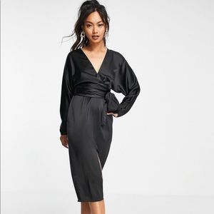 ASOS black midi satin wrap dress
